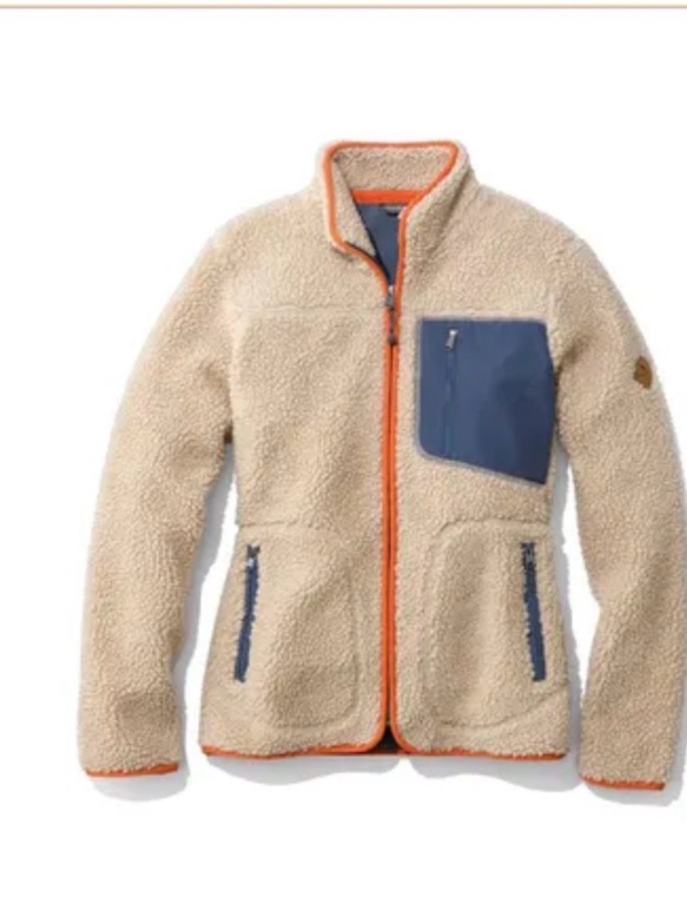 Eddie Bauer Cream Rangefinder Sherpa Jacket w/Navy Pocket and Orange Trim